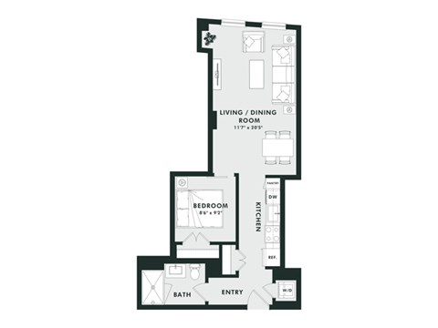 A floor plan of an apartment with a living/dining room, kitchen, bath, and bedroom.